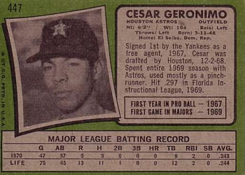1971 Topps #447 Cesar Geronimo Back