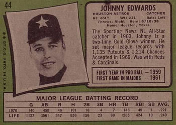 1971 Topps #44 Johnny Edwards Back