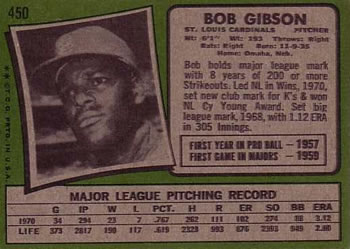 1971 Topps #450 Bob Gibson Back