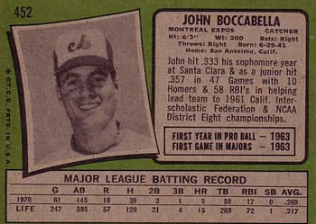 1971 Topps #452 John Boccabella Back