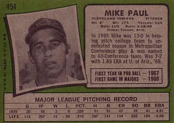 1971 Topps #454 Mike Paul Back