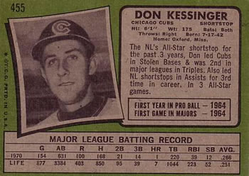 1971 Topps #455 Don Kessinger Back