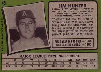 1971 Topps #45 Jim Hunter Back