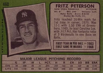 1971 Topps #460 Fritz Peterson Back