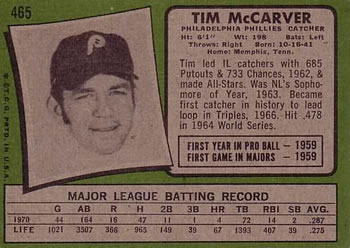 1971 Topps #465 Tim McCarver Back