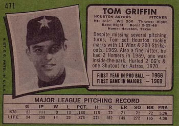 1971 Topps #471 Tom Griffin Back