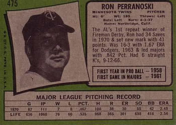 1971 Topps #475 Ron Perranoski Back