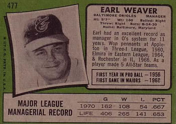 1971 Topps #477 Earl Weaver Back