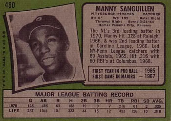 1971 Topps #480 Manny Sanguillen Back