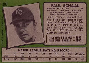 1971 Topps #487 Paul Schaal Back