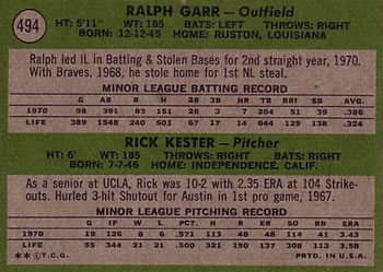 1971 Topps #494 Braves 1971 Rookie Stars (Ralph Garr / Rick Kester) Back