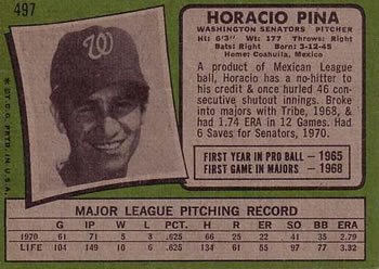 1971 Topps #497 Horacio Pina Back