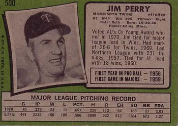 1971 Topps #500 Jim Perry Back