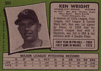 1971 Topps #504 Ken Wright Back