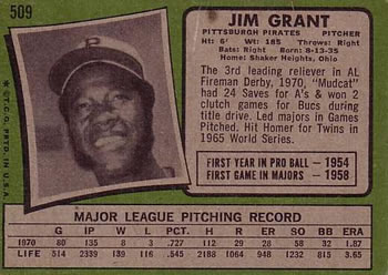 1971 Topps #509 Jim Grant Back