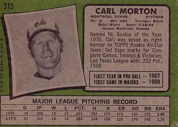 1971 Topps #515 Carl Morton Back