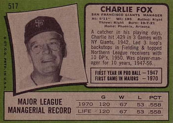 1971 Topps #517 Charlie Fox Back