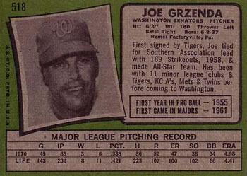 1971 Topps #518 Joe Grzenda Back