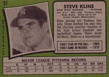 1971 Topps #51 Steve Kline Back