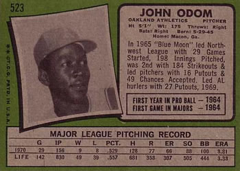 1971 Topps #523 John Odom Back