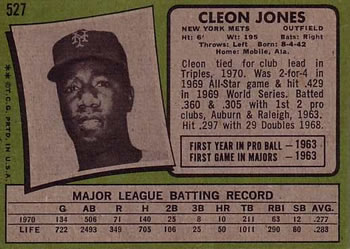 1971 Topps #527 Cleon Jones Back