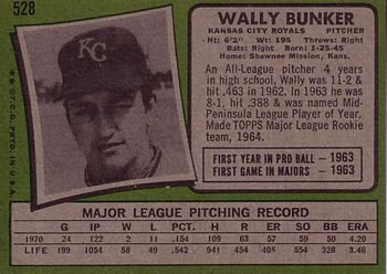 1971 Topps #528 Wally Bunker Back
