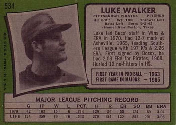 1971 Topps #534 Luke Walker Back