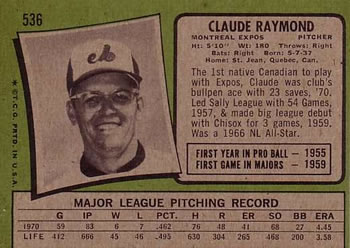 1971 Topps #536 Claude Raymond Back