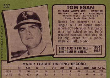 1971 Topps #537 Tom Egan Back