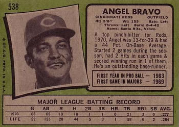 1971 Topps #538 Angel Bravo Back