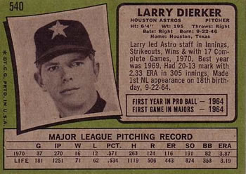 1971 Topps #540 Larry Dierker Back