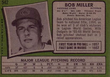 1971 Topps #542 Bob Miller Back