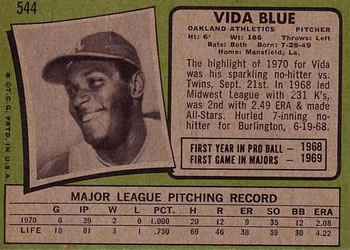 1971 Topps #544 Vida Blue Back