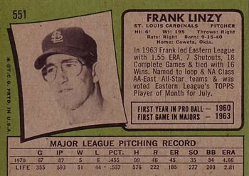 1971 Topps #551 Frank Linzy Back