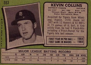 1971 Topps #553 Kevin Collins Back