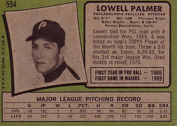 1971 Topps #554 Lowell Palmer Back