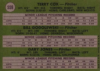 1971 Topps #559 American League 1971 Rookie Stars (Terry Cox / Bill Gogolewski / Gary Jones) Back