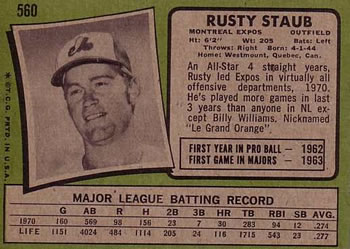 1971 Topps #560 Rusty Staub Back