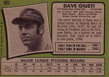 1971 Topps #562 Dave Giusti Back