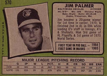 1971 Topps #570 Jim Palmer Back