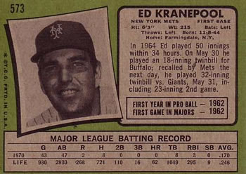 1971 Topps #573 Ed Kranepool Back