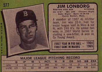1971 Topps #577 Jim Lonborg Back