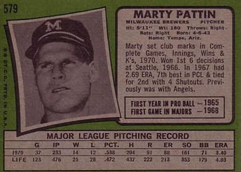 1971 Topps #579 Marty Pattin Back