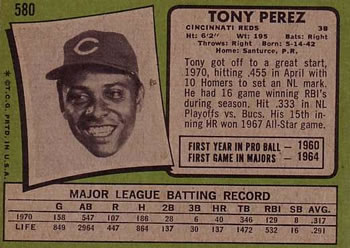 1971 Topps #580 Tony Perez Back