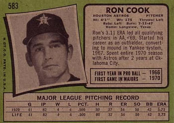 1971 Topps #583 Ron Cook Back