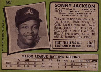 1971 Topps #587 Sonny Jackson Back