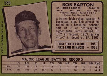 1971 Topps #589 Bob Barton Back