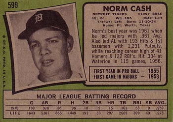 1971 Topps #599 Norm Cash Back