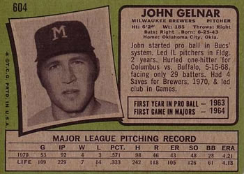 1971 Topps #604 John Gelnar Back