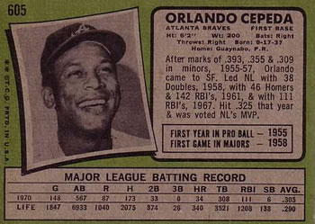 1971 Topps #605 Orlando Cepeda Back